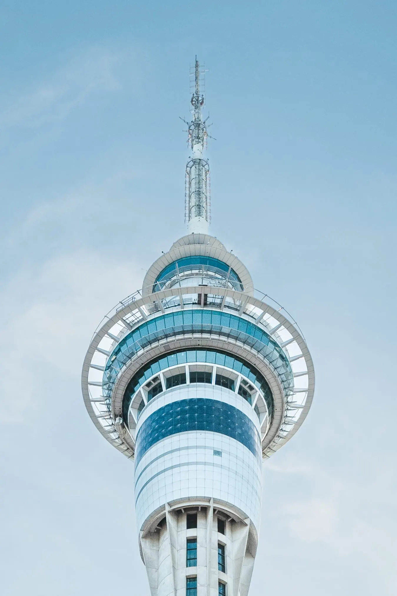 Close-up of the Auckland Sky Tower observation deck and spire