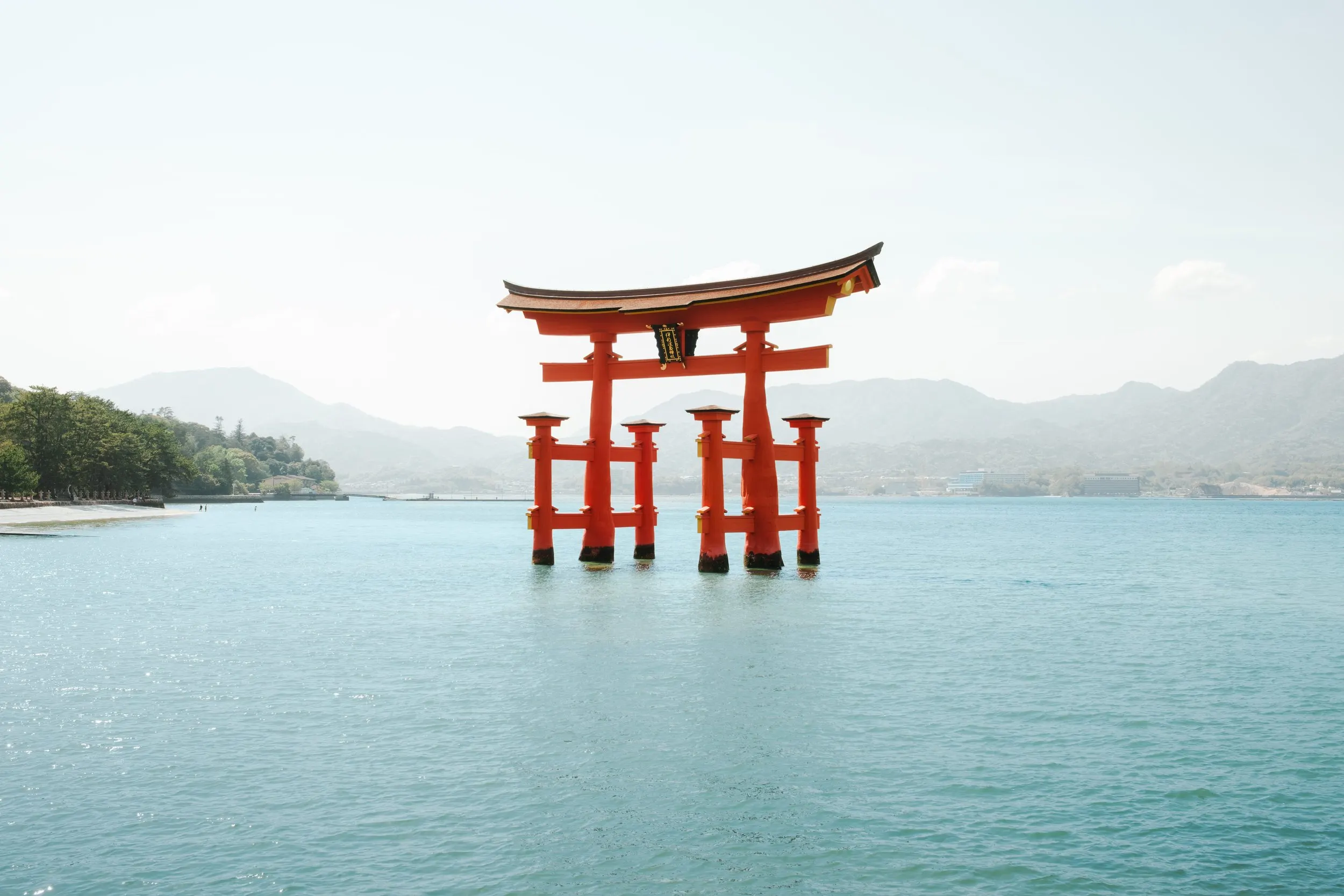 torii gate on water in miyajima