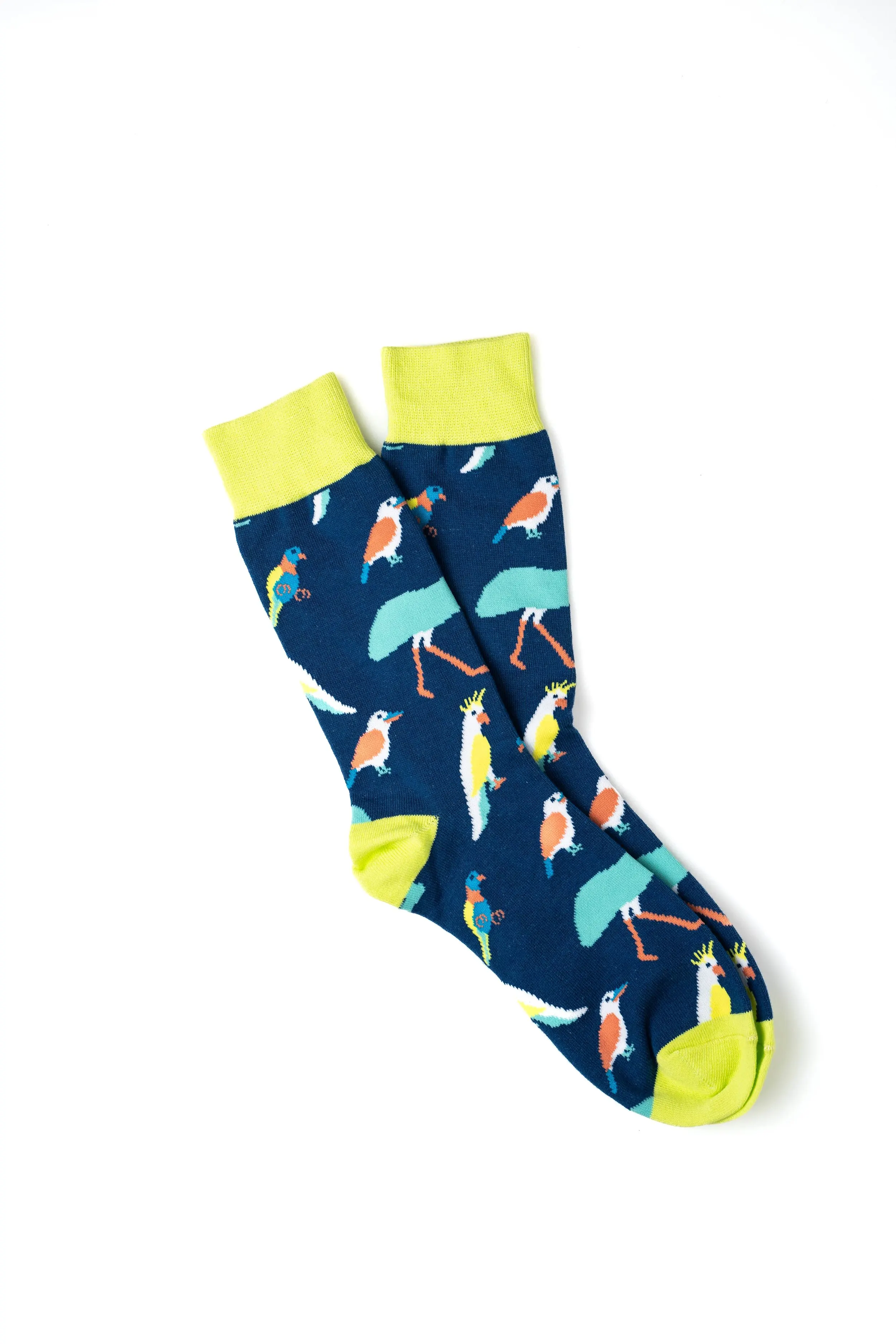 Pair of socks with a bird pattern, featuring blue, orange, white, yellow, and green colors, laid flat against a white background.