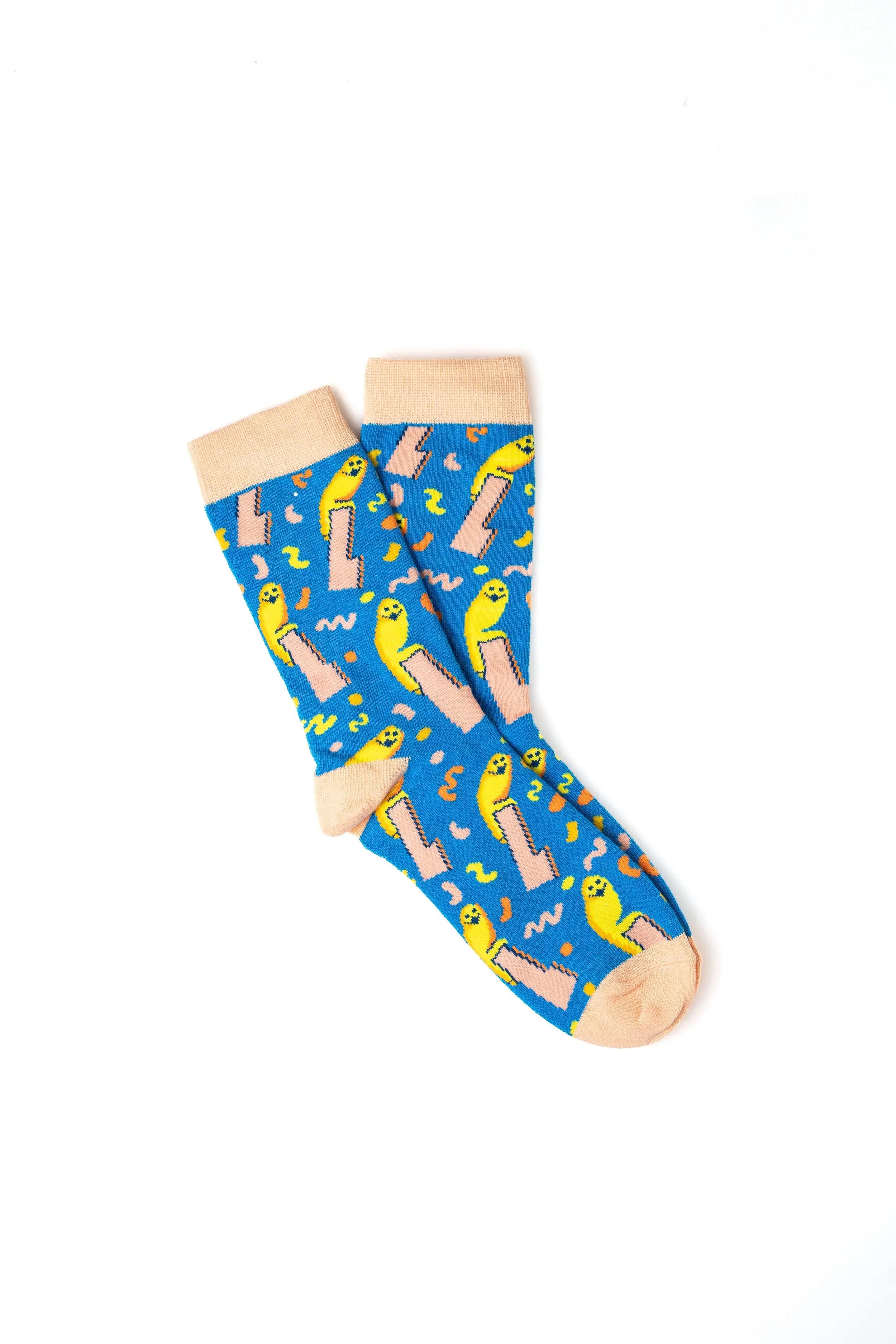 Pair of colorful socks with a pattern of yellow pool floats on a blue background and beige accents.