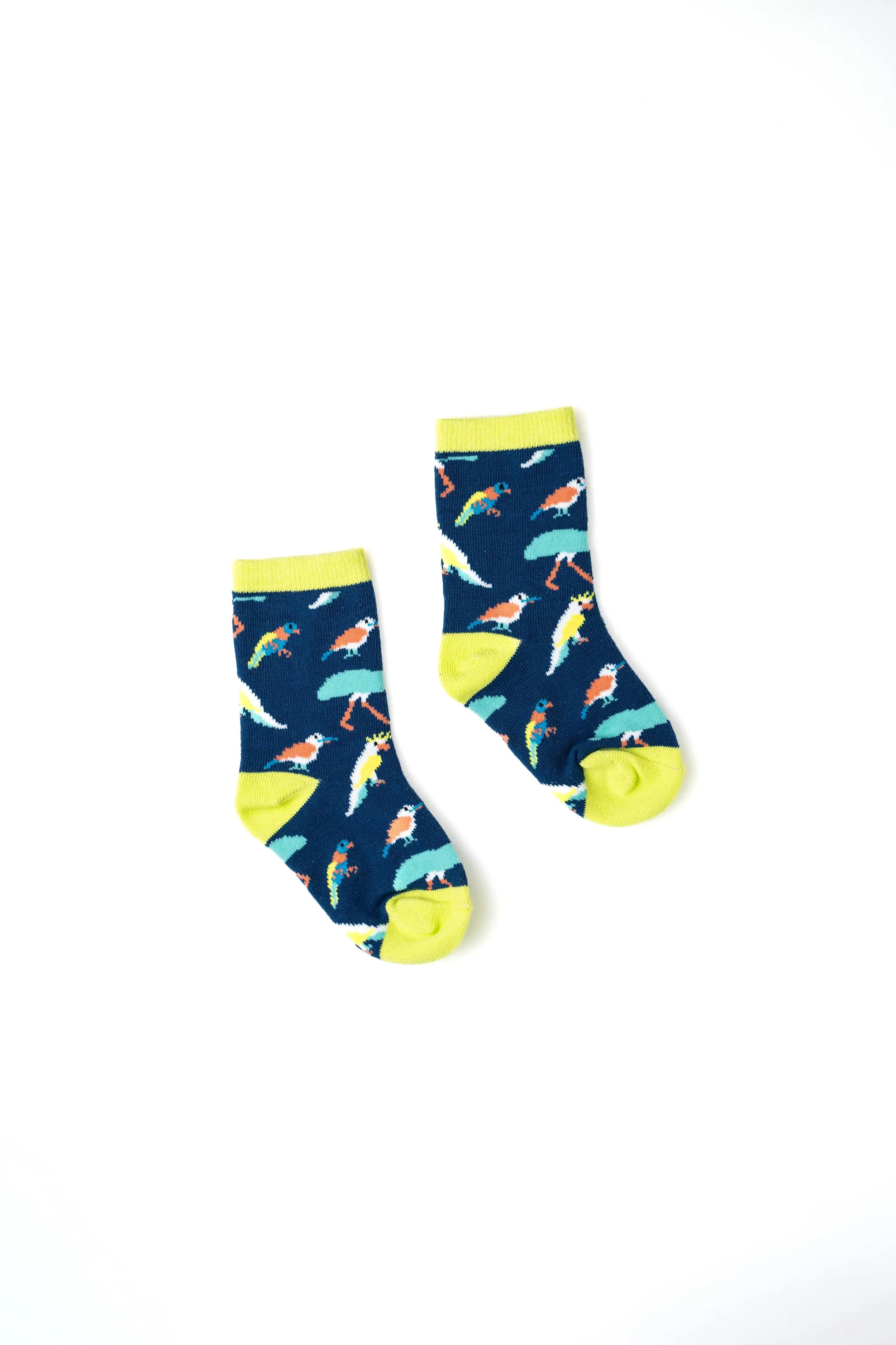 Pair of colorful socks with a bird and whale pattern on a white background.