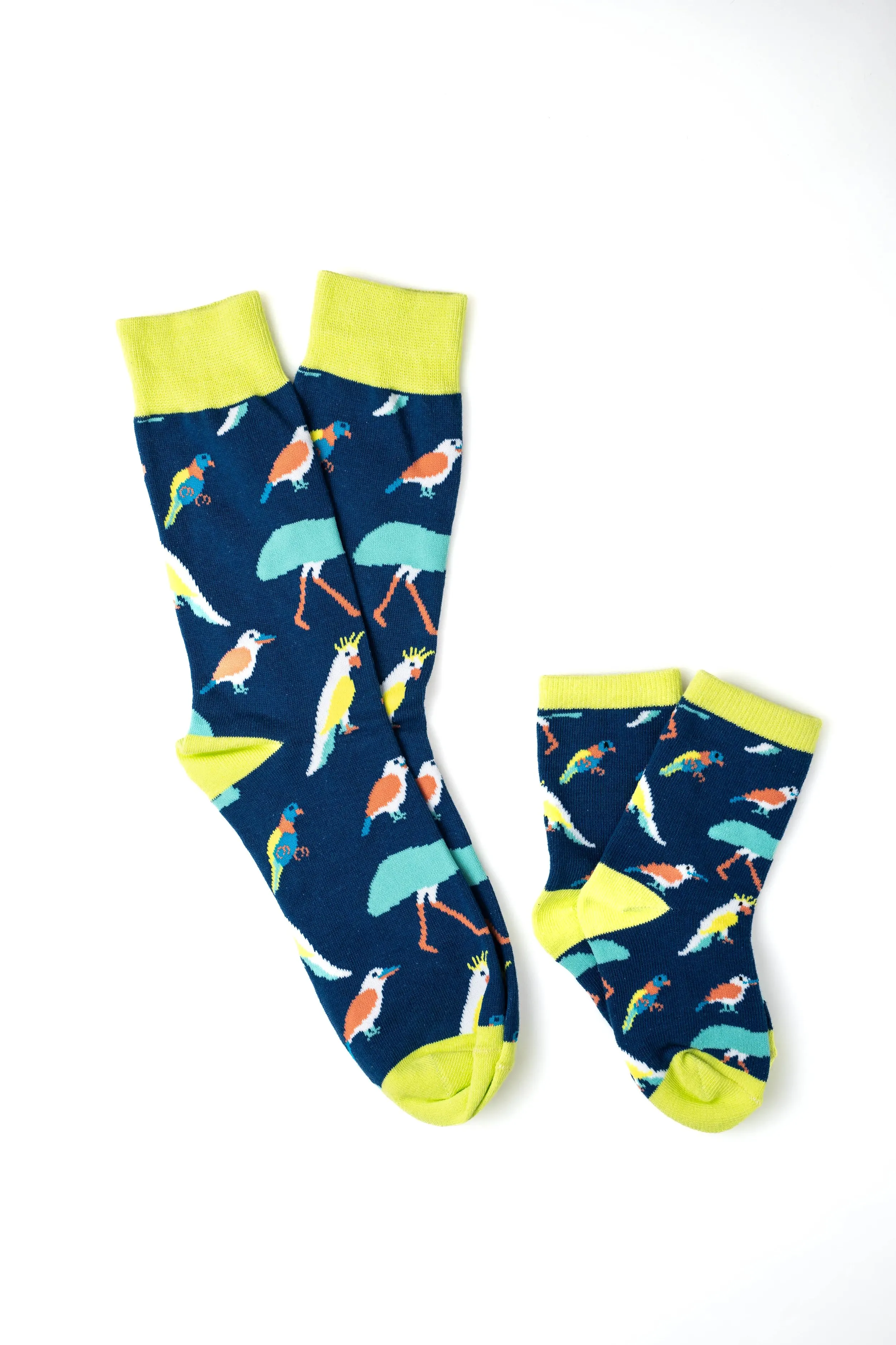 Pair of colorful socks with a pattern of birds and umbrellas on a white background.
