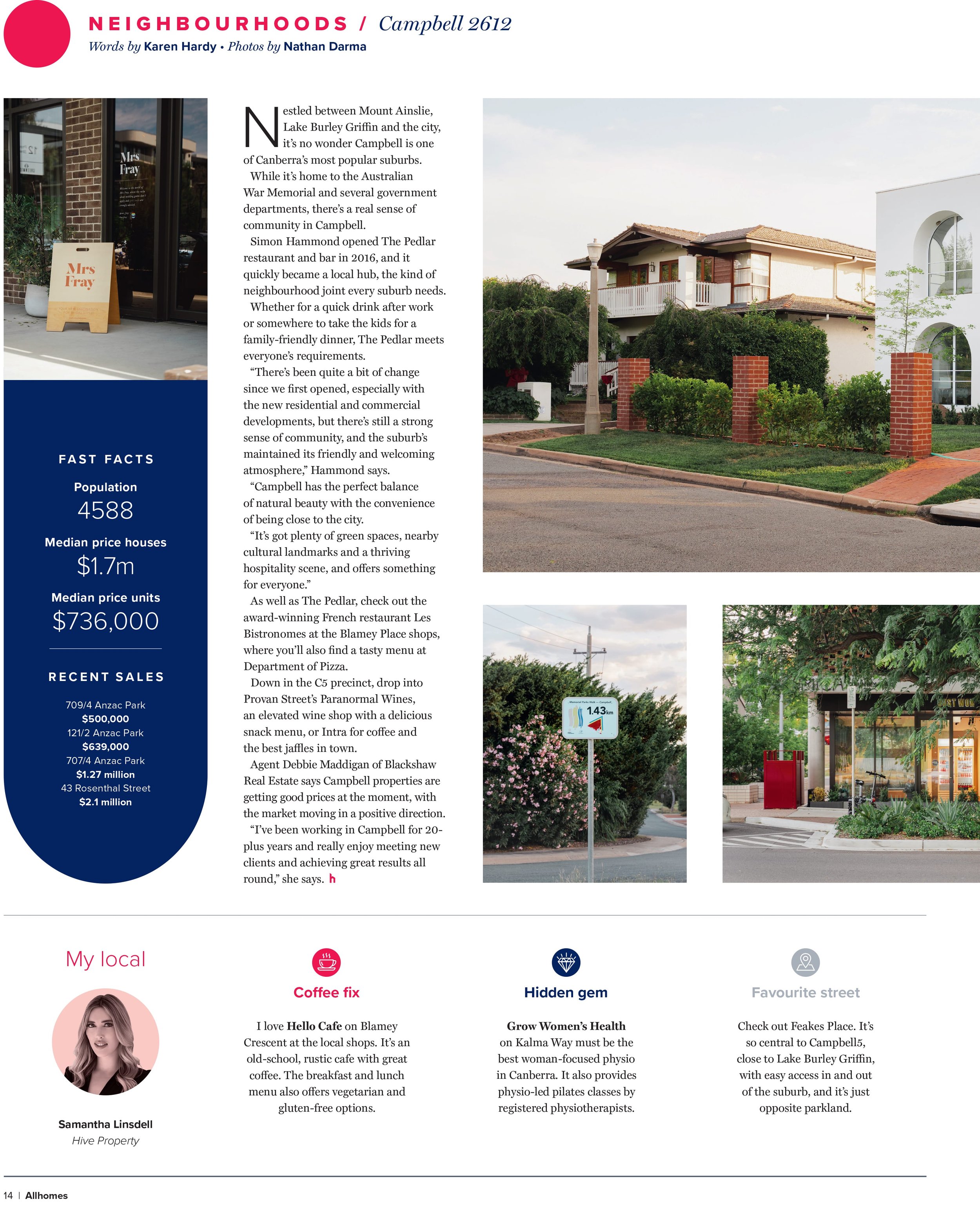 Page from a magazine featuring information about the suburb of Campbell, including photos of houses, community spots, and local amenities such as a restaurant and wine shop.