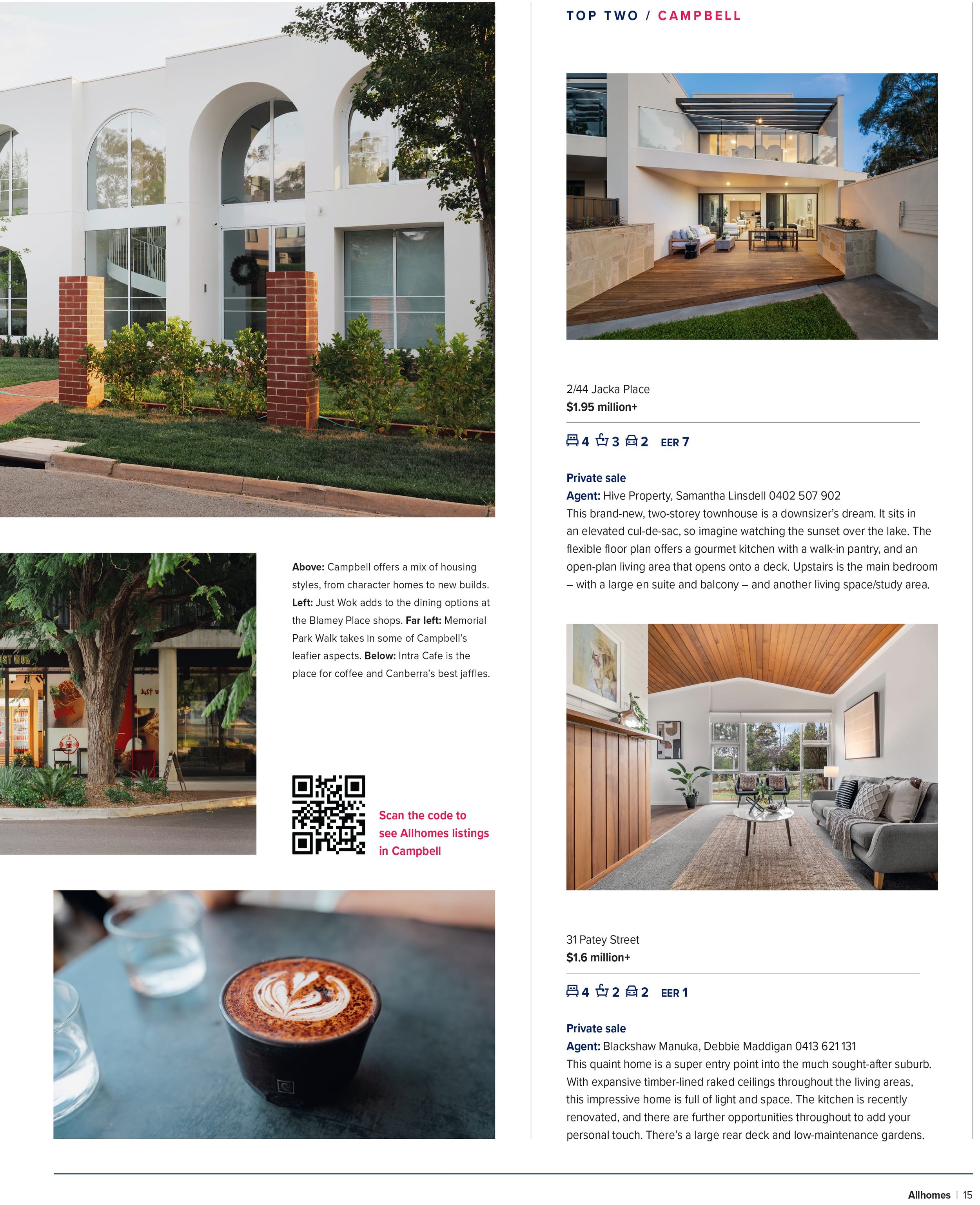 Page from a real estate listing magazine featuring photos of houses and interiors, with descriptions and prices for properties in Campbell and Patey Street, including images of modern buildings, a cozy interior living space, and a coffee with heart latte art.